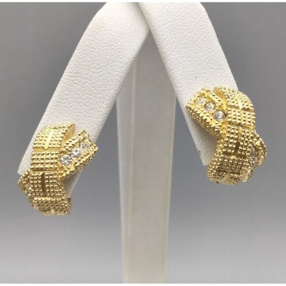 Christian Dior Textured X Rhinestone Gold Tone Clip On Earrings Vintage c 1980's - Picture 1 of 7